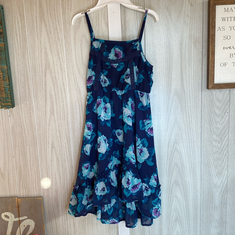 Beautiful navy blue with floral teal print girl dress